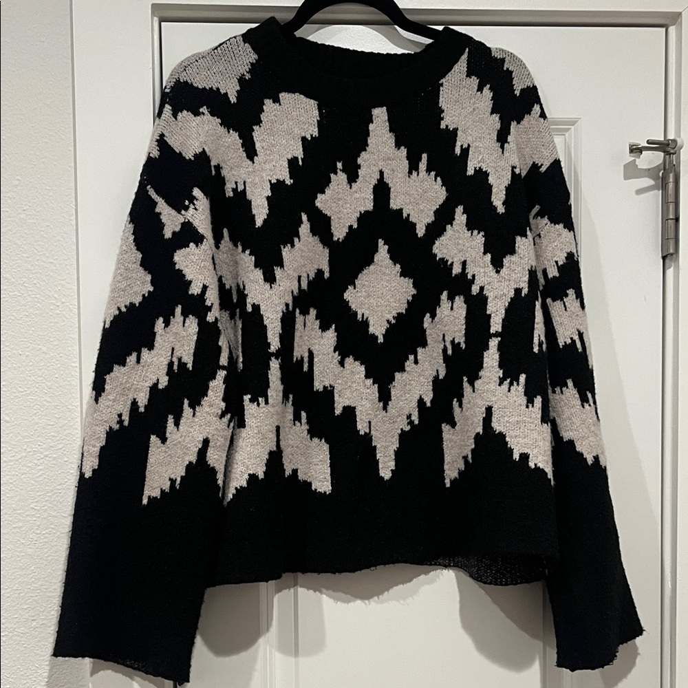 She + Sky Black and Cream Geometric Sweater